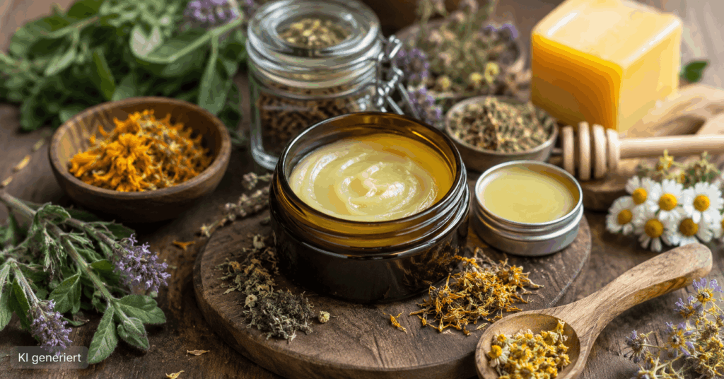 Kräutersalbe selber herstellen, Salbe selber machen, Kräutersalbe Rezept, Kräutersalbe mit Bienenwachs, Kräuteröl für Salbe, Salbe aus
Kräutern selber machen, Ringelblumensalbe selber machen, selbstgemachte Kräutersalbe, natürliche Salbe selber machen, Salben selber machen