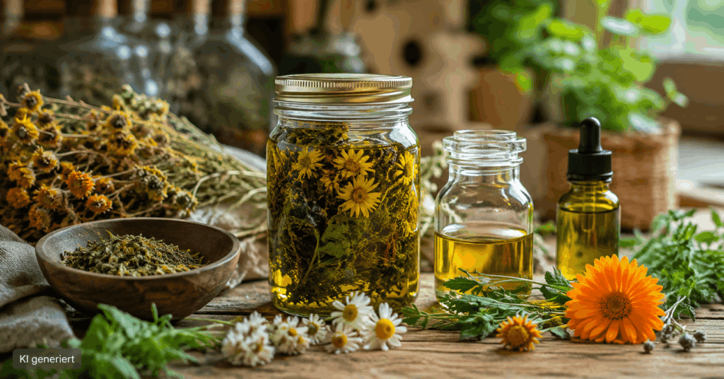 Kräuter Hausapotheke, Kräuter richtig zubereiten, Kräutertee selber machen, Ölauszug selber machen, Tinktur selber machen, Kräutersalbe selber machen, Kräutersirup selber machen, Kräuterhonig, Kräuterbad, Kräuterwickel, Heilkräuter Zubereitungen, Hausmittel mit Kräutern, Kräuter haltbar machen