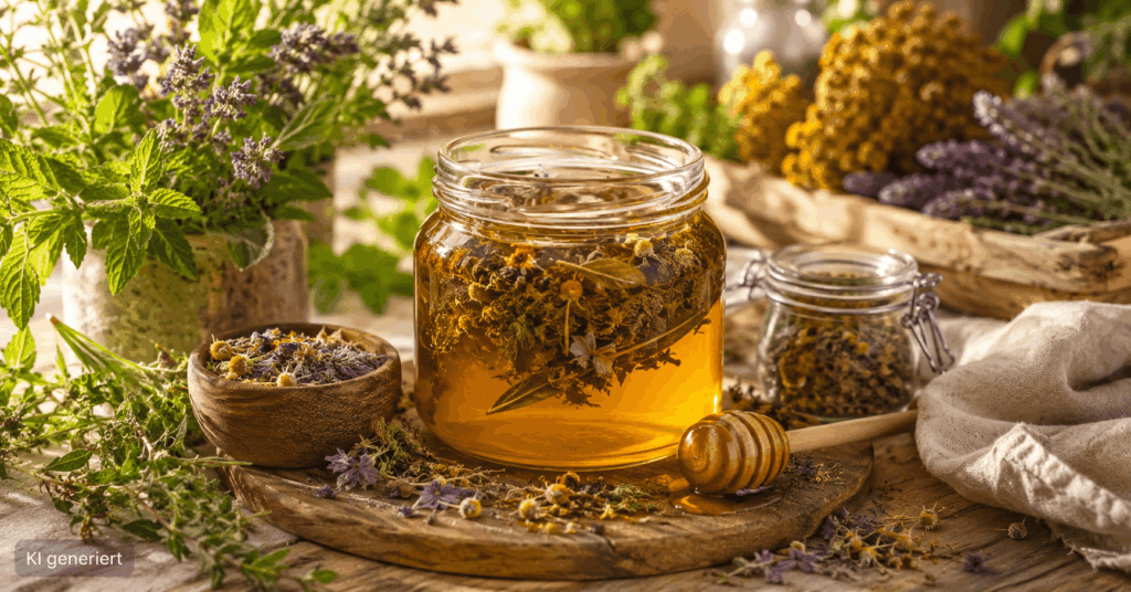 Kräuter Hausapotheke, Kräuter richtig zubereiten, Kräutertee selber machen, Ölauszug selber machen, Tinktur selber machen, Kräutersalbe selber machen, Kräutersirup selber machen, Kräuterhonig, Kräuterbad, Kräuterwickel, Heilkräuter Zubereitungen, Hausmittel mit Kräutern, Kräuter haltbar machen