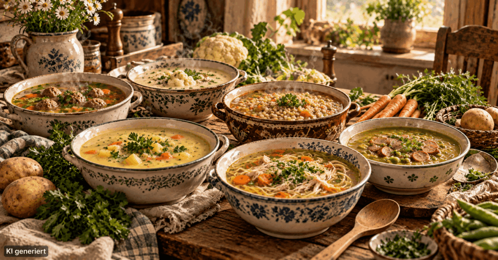 6 Suppen aus Omas Küche: Klassische Rezepte, die nach Zuhause schmecken klassische Suppen, Suppen wie bei Oma, alte Suppenrezepte, traditionelle Suppen, einfache Suppenrezepte, Hausmannskost Rezepte, Omas Suppenrezepte, Kartoffelsuppe mit Kräutern, Fleischklößchensuppe, Blumenkohlcremesuppe, Graupensuppe mit Rindfleisch, Hühnersuppe mit Nudeln, Erbsensuppe mit Würstchen