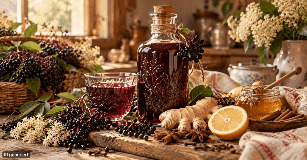 Holunder-Immun-Sirup selber machen: Natürliches Hausmittel mit Holunder, Ingwer und Honig Holundersirup selber machen, Holunderbeeren Sirup Rezept, Holunder Sirup mit Ingwer, Holunderbeeren Hausmittel, Holunderbeeren Rezept, Immun Sirup selber machen, Holundersirup mit Honig, Holunder Ingwer Sirup, Hausmittel Herbst, Holunderbeeren verarbeiten