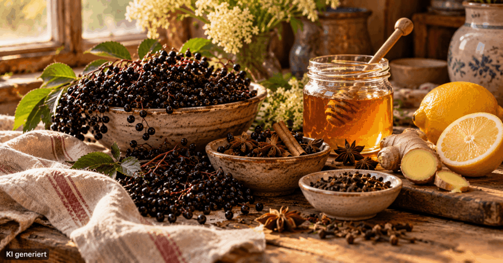 Holunder-Immun-Sirup selber machen: Natürliches Hausmittel mit Holunder, Ingwer und Honig Holundersirup selber machen, Holunderbeeren Sirup Rezept, Holunder Sirup mit Ingwer, Holunderbeeren Hausmittel, Holunderbeeren Rezept, Immun Sirup selber machen, Holundersirup mit Honig, Holunder Ingwer Sirup, Hausmittel Herbst, Holunderbeeren verarbeiten