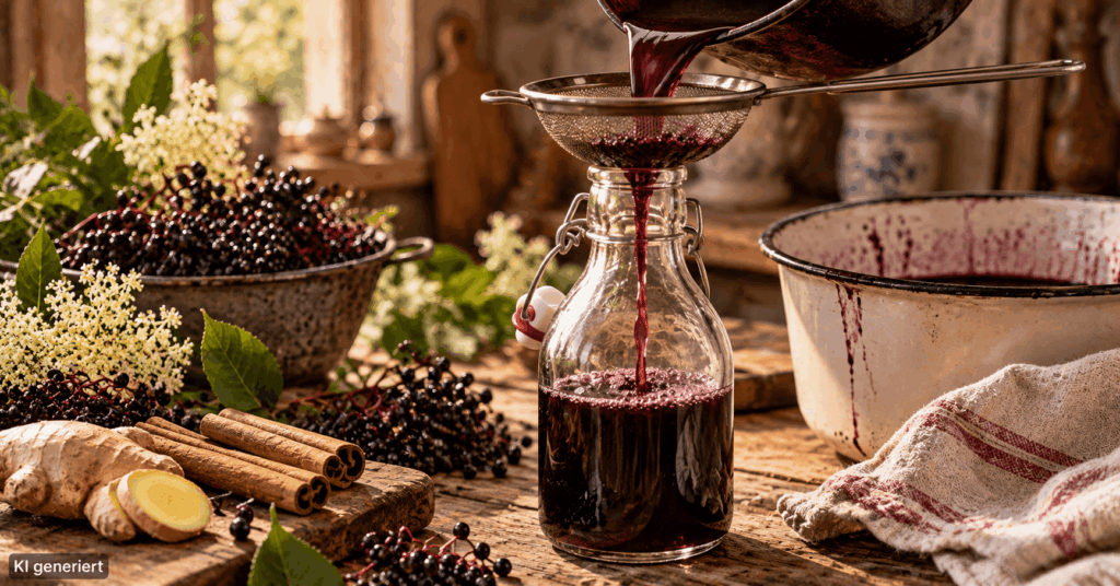Holunder-Immun-Sirup selber machen: Natürliches Hausmittel mit Holunder, Ingwer und Honig Holundersirup selber machen, Holunderbeeren Sirup Rezept, Holunder Sirup mit Ingwer, Holunderbeeren Hausmittel, Holunderbeeren Rezept, Immun Sirup selber machen, Holundersirup mit Honig, Holunder Ingwer Sirup, Hausmittel Herbst, Holunderbeeren verarbeiten