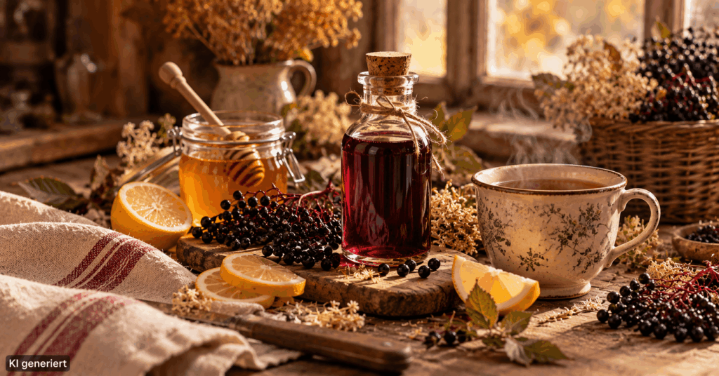 Holunder-Immun-Sirup selber machen: Natürliches Hausmittel mit Holunder, Ingwer und Honig Holundersirup selber machen, Holunderbeeren Sirup Rezept, Holunder Sirup mit Ingwer, Holunderbeeren Hausmittel, Holunderbeeren Rezept, Immun Sirup selber machen, Holundersirup mit Honig, Holunder Ingwer Sirup, Hausmittel Herbst, Holunderbeeren verarbeiten